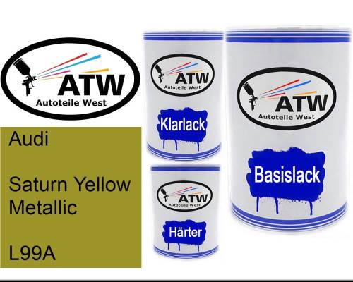 Audi, Saturn Yellow Metallic, L99A: 500ml Lackdose + 500ml Klarlack + 250ml Härter - Set, von ATW Autoteile West.